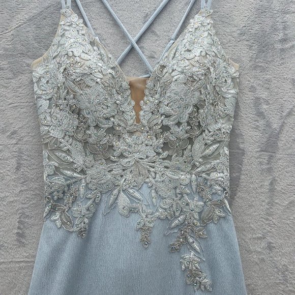 NEW XSCAPE 4366X Long Glitter Embroidered Gown Dress Size 6 Blue.Silver NWT 0074 - Picture 3 of 14